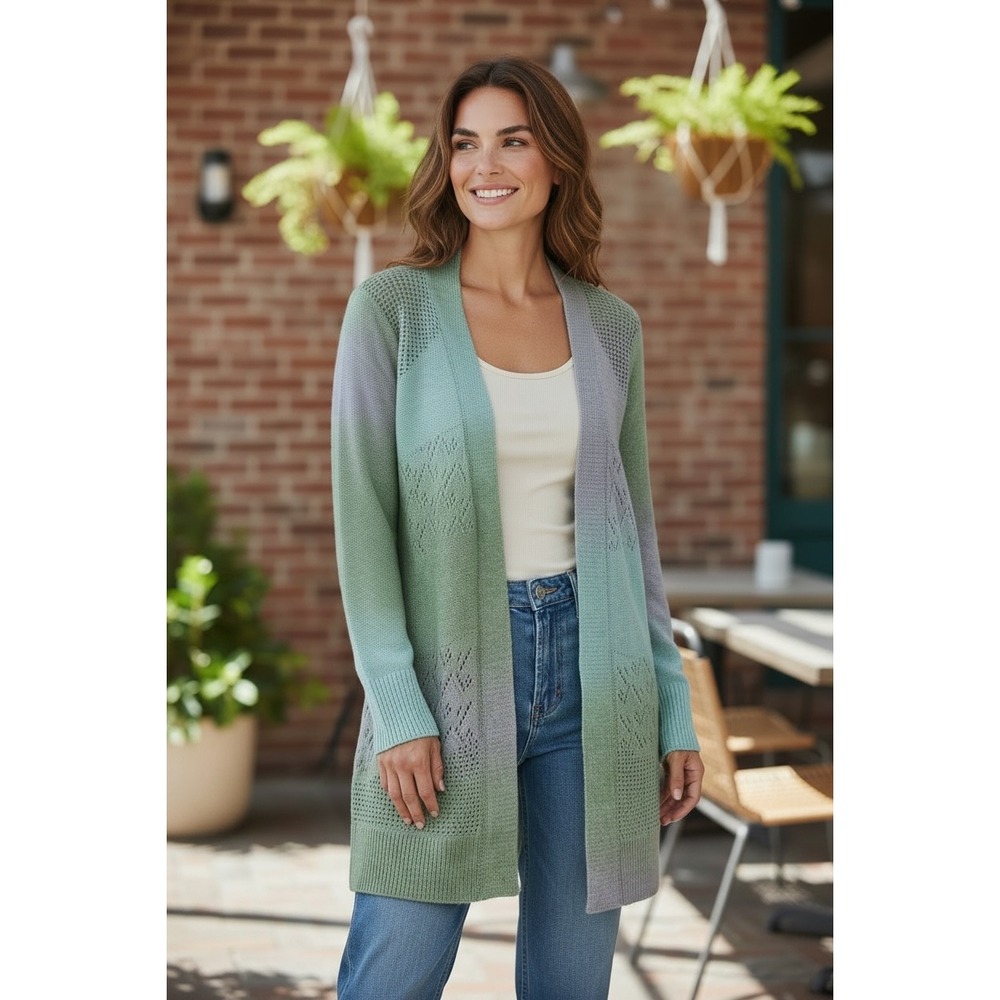 Spense Petite Ombre Pointelle Knit Open FrontCardigan Green Blue Purple XS/P NWT